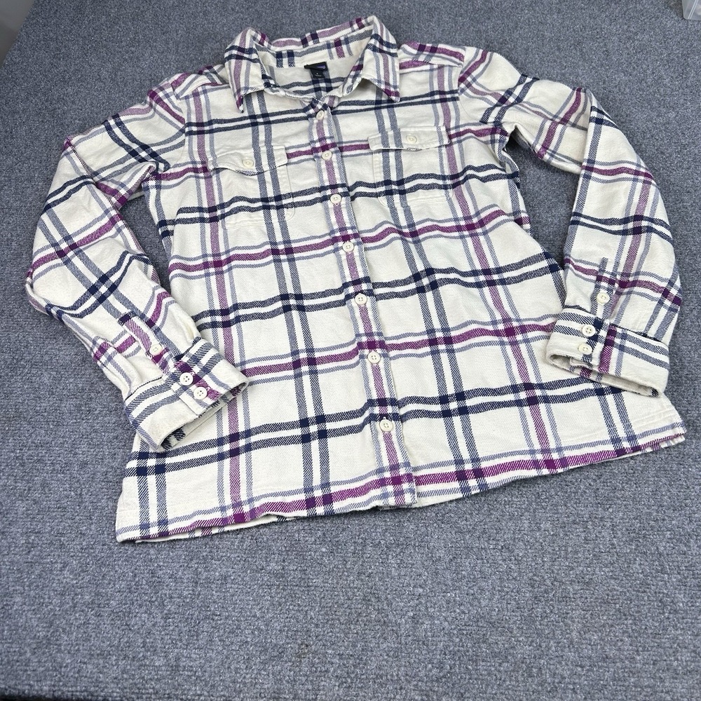 Patagonia Women's Organic Cotton Plaid Blue Purple Button Down Shirt Size 4.